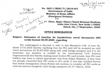 Extension of timeline for handwritten travel documents (PIO cards) (As on September 30, 2020)
